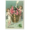 n°20331 - Carte Gaufrée - Bonne Année - Anges portant un seau de champagne avec une bouteille des roses