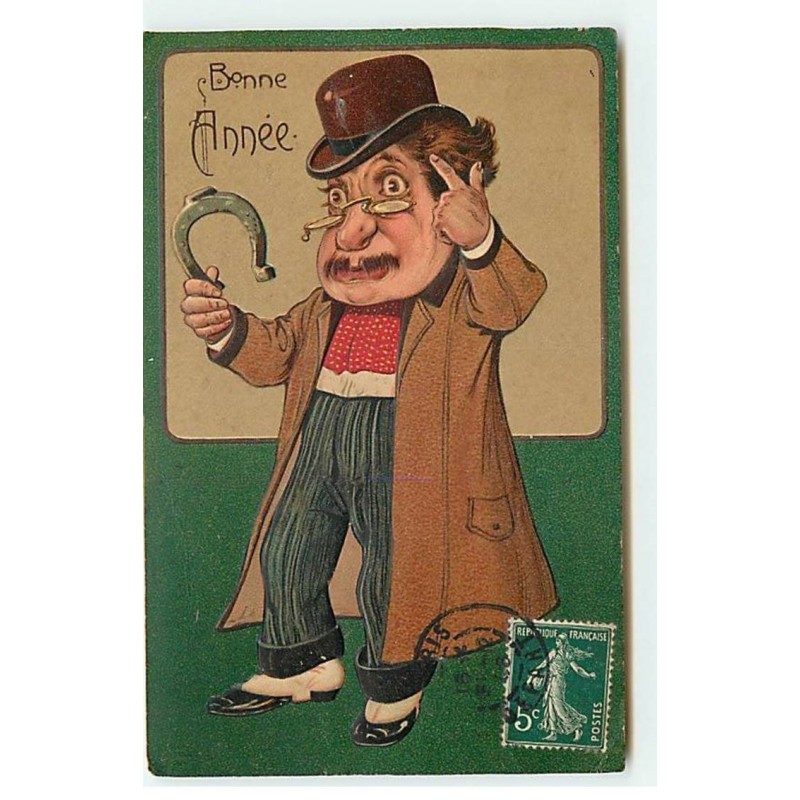 n°20332 - Carte Gaufrée - Bonne Année - Homme tenant un Fer à Cheval