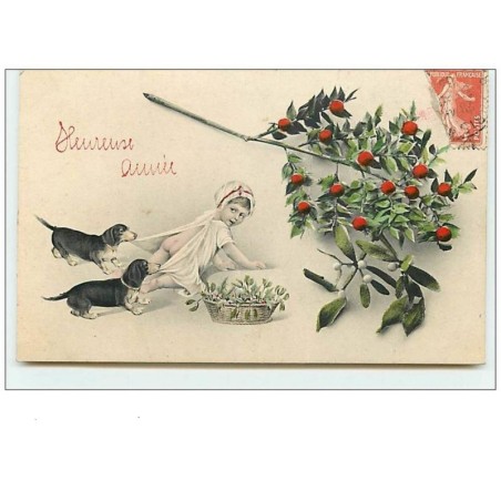 n°11037 - Carte Fantaisie - Heureuse Année - Teckels et bébé