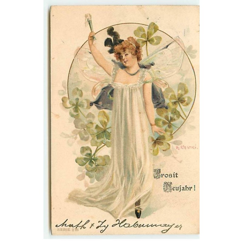 n°20333 - R. Kratki - Prosit Neujahr ! - Jeune femme portant des ailes parmi des trèfles
