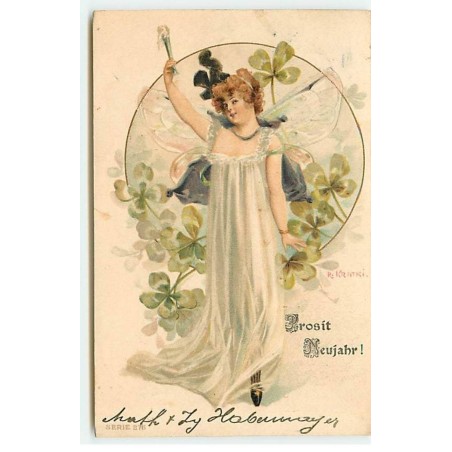 n°20333 - R. Kratki - Prosit Neujahr ! - Jeune femme portant des ailes parmi des trèfles