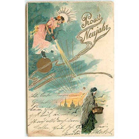 n°20334 - Prosit Neujahr ! - Jeune femme lançant un bouchon de champagne vers une vieille femme