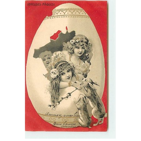 n°20339 - Joyeuses Pâques - MM Vienne - Jeunes filles sortant d'un oeuf sous le regard d'un lièvre