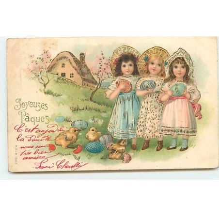 n°20341 - Carte Gaufrée - Joyeuses Pâques - Fillettes portant des oeufs avec des poussins