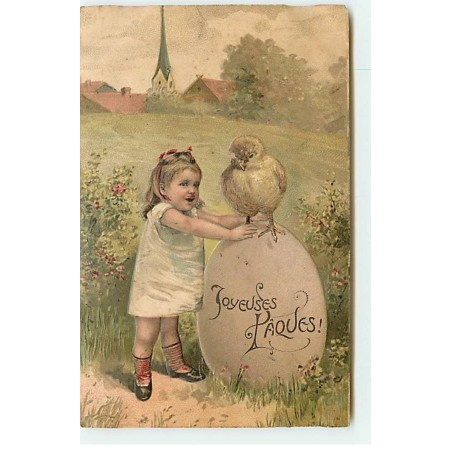 n°20343 - Carte Gaufrée - Joyeuses Pâques - Fillette près d'un poussin sur un oeuf