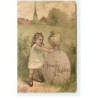 n°20343 - Carte Gaufrée - Joyeuses Pâques - Fillette près d'un poussin sur un oeuf