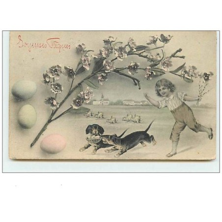 n°11038 - Carte Fantaisie - Joyeuses Pâques - Teckels ayant dérobé un panier d'oeufs