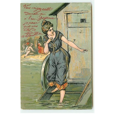 n°20347 - Carte Gaufrée - Jeune femme en tenue de bain allant  se baigner - Baigneuse