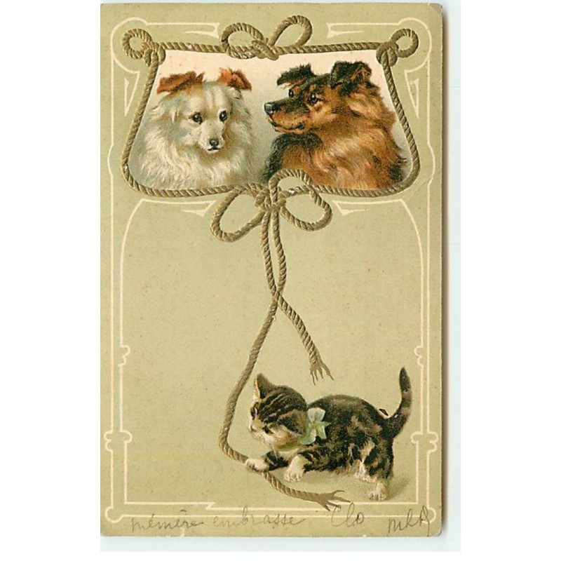 n°20348 - Carte Gaufrée - Chat jouant avec une ficelle sous le regard de deux chiens