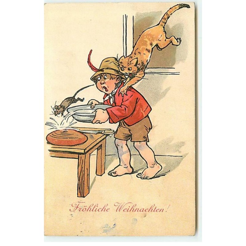 n°20350 - Fröhliche Weihnachten - H. Ch. Vienne n°171 - Chat sautant sur un garçon en pourchassant une souris