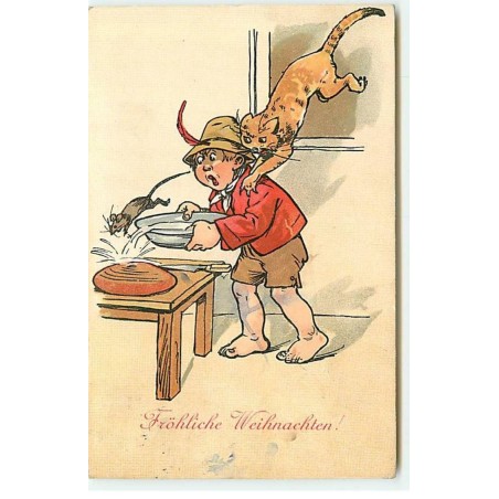 n°20350 - Fröhliche Weihnachten - H. Ch. Vienne n°171 - Chat sautant sur un garçon en pourchassant une souris