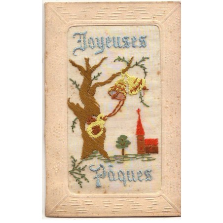 n°20352 - Carte Brodée - Joyeuses Pâques - Cloches tenues par un oiseau dans un arbre
