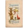 n°20352 - Carte Brodée - Joyeuses Pâques - Cloches tenues par un oiseau dans un arbre