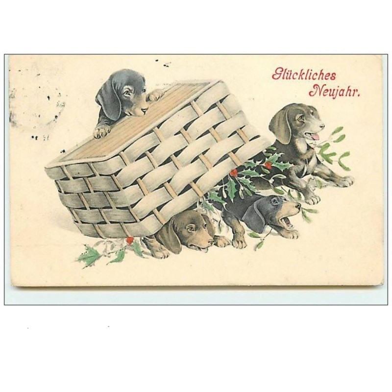 n°11039 - Carte Fantaisie - Glückliches Neujahr - Teckels sous une Corbeille