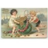 n°20371 - Carte Gaufrée - Bonne Année - Enfants décorant d'une guirlande de fleurs un sac rempli de pièces d'or