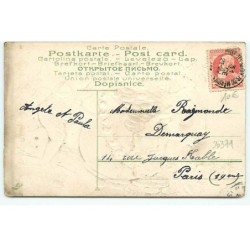 n°20371 - Carte Gaufrée - Bonne Année - Enfants décorant d'une guirlande de fleurs un sac rempli de pièces d'or