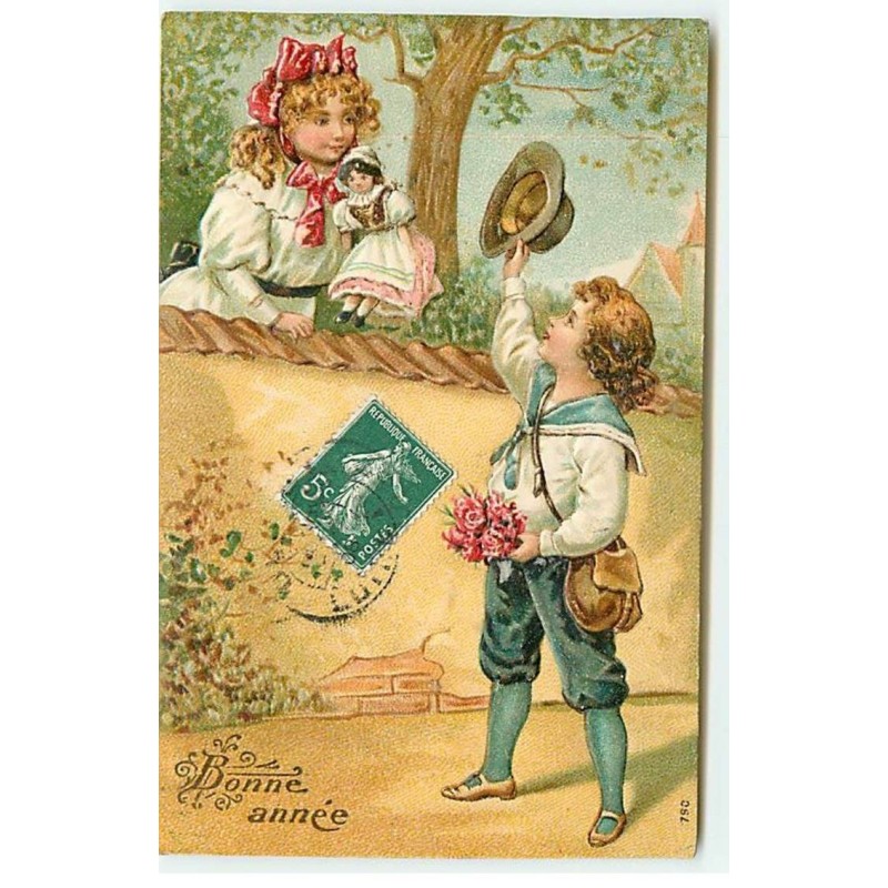 n°20374 - Carte Gaufrée - Bonne Année - Jeune homme saluant une jeune fille tenant une poupée