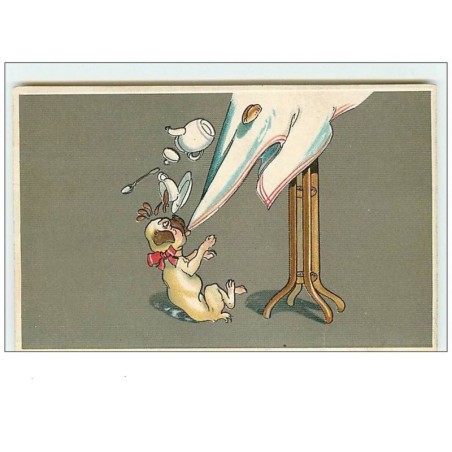 n°11042 - Carte Fantaisie Gaufrée - Chien tirant une nappe