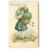 n°20377 - Carte Gaufrée - Easter Greetings - Fillette portant un oeuf, et une hotte remplie de fleurs - paillettes
