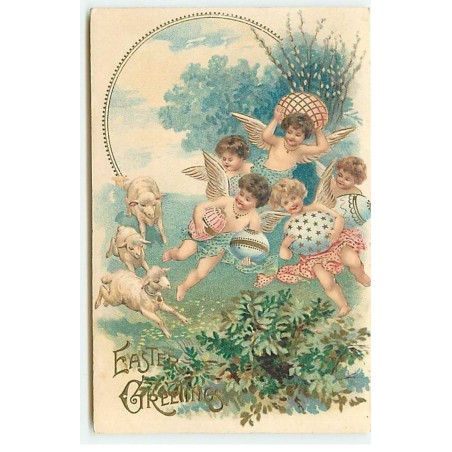 n°20378 - Carte Gaufrée - Easter Greetings - Moutons suivant des anges portant des oeufs