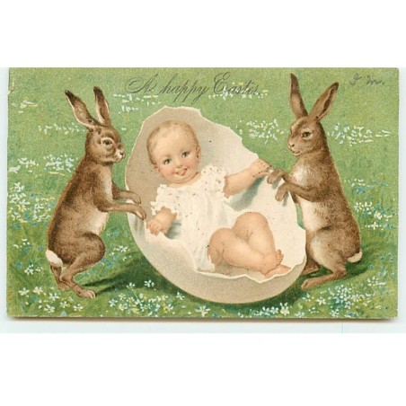 n°20379 - A Happy Easter - Bébé dans un oeuf entouré de lièvres