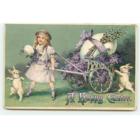 n°20380- Carte Gaufrée - A Happy Easter - Fillette tirant un oeuf dans une brouette remplie de violettes