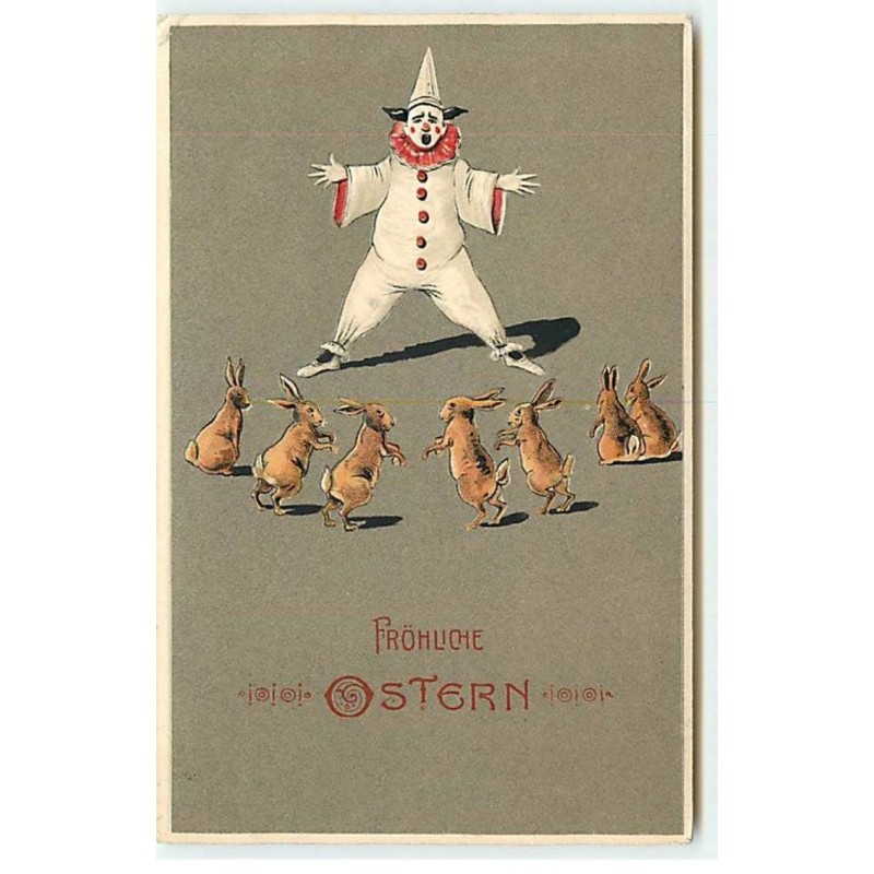 n°20383 - Carte Gaufrée - Fröhliche Ostern - Lièvres devant un clown