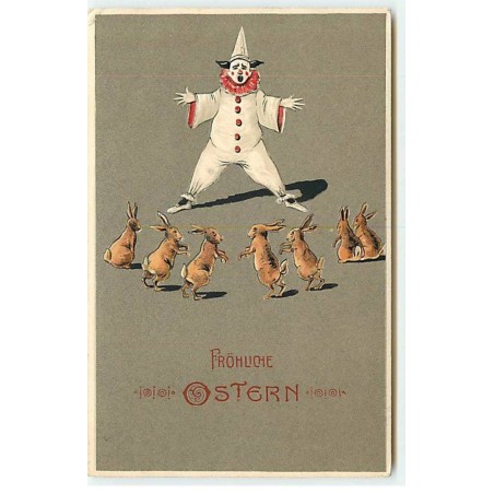 n°20383 - Carte Gaufrée - Fröhliche Ostern - Lièvres devant un clown