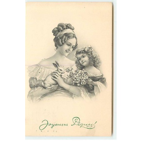 n°20385 - MM Vienne n°669 - Joyeuses Pâques - Fillette tenant des fleurs, près d'une femme tenant un lapin