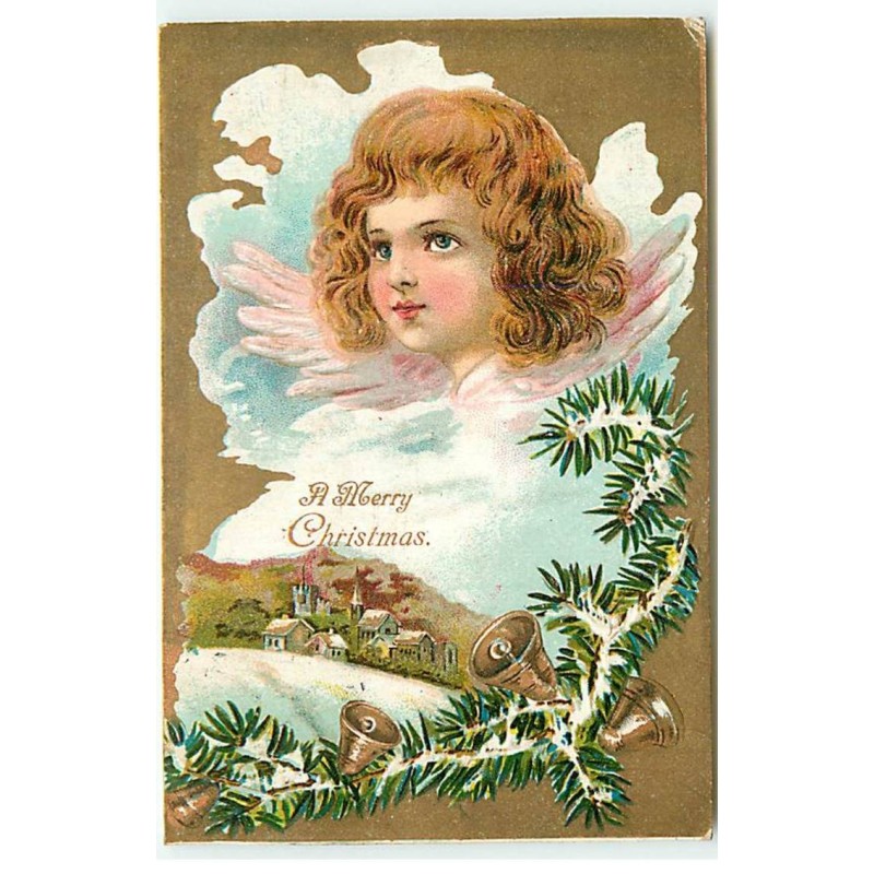 n°20387 - Carte Gaufrée - A Merry Christmas - Portrait d'un ange au-dessus d'un village