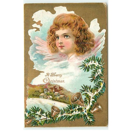 n°20387 - Carte Gaufrée - A Merry Christmas - Portrait d'un ange au-dessus d'un village