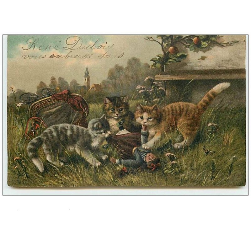 n°11045 - Carte Fantaisie - Trois chats jouant avec une marionnette