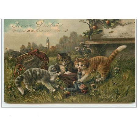 n°11045 - Carte Fantaisie - Trois chats jouant avec une marionnette