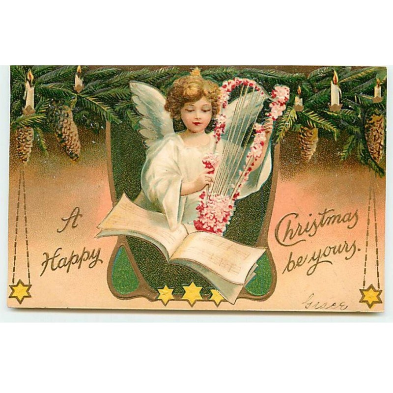 n°20388 - Carte Gaufrée - Clapsaddle - A Happy Christmas be yours - Ange jouant de la Harpe