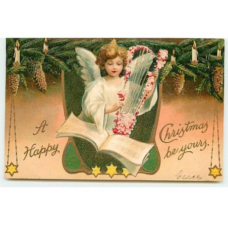n°20388 - Carte Gaufrée - Clapsaddle - A Happy Christmas be yours - Ange jouant de la Harpe