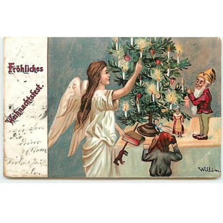 n°20390 - Willim - Fröhliches Weihnachtsfest - Ange gardien et nains allumant les bougies d'un sapin