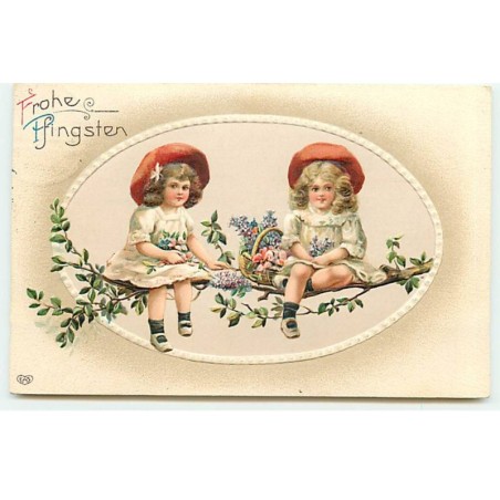n°20392 - Carte Gaufrée - Fröhe Pfingsten - Fillettes assises sur une branche fleurie