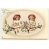 n°20392 - Carte Gaufrée - Fröhe Pfingsten - Fillettes assises sur une branche fleurie