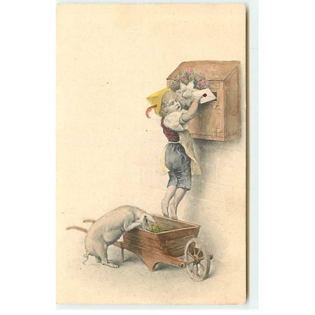 n°20393 - MM Vienne - Enfant debout sur une brouette postant une lettre, un cochon mangeant dans la brouette