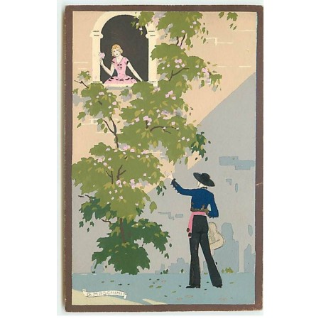 n°20408 - Illustrateur - G. Meschini - Ars Nova - Homme chantant sous la fenêtre d'une femme - Carte peinte à la main