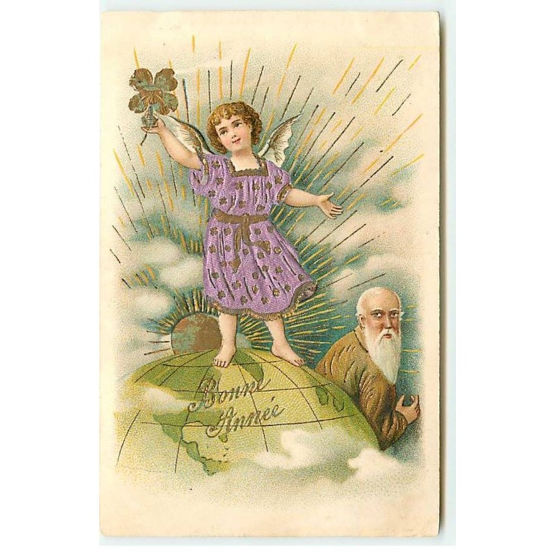 n°20424 - Carte Gaufrée - Bonne Année - Ange tenant un trèfle, debout sur un Globe Terrestre sous le regard d'un homme