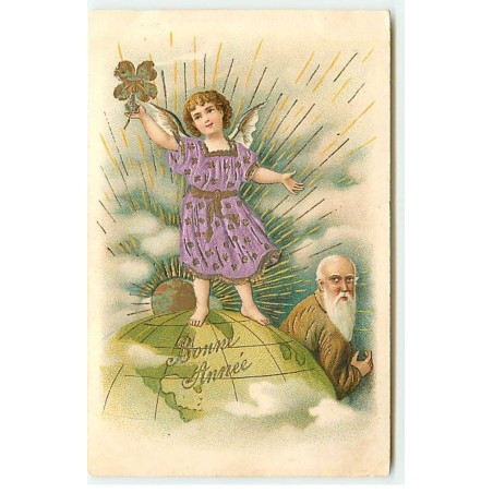 n°20424 - Carte Gaufrée - Bonne Année - Ange tenant un trèfle, debout sur un Globe Terrestre sous le regard d'un homme