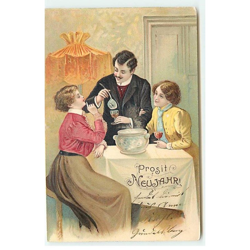 n°20429 - Carte Gaufrée - Prosit Neujahr - Un homme et deux femmes attablés et buvant