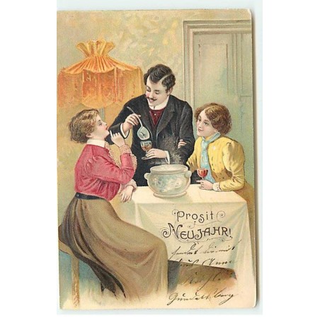 n°20429 - Carte Gaufrée - Prosit Neujahr - Un homme et deux femmes attablés et buvant