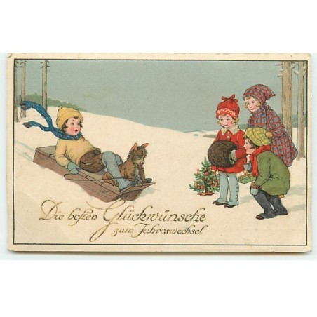 n°20430 - Enfants regardant un garçon sur une luge avec un chien