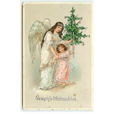 n°20432 - Carte Gaufrée - Gesegnete Weihnachten - Un ange et une ange gardien tenant un sapin