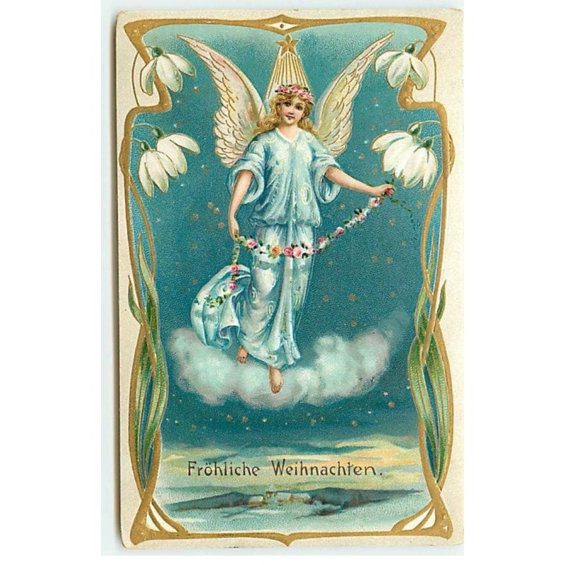 n°20433 - Carte Gaufrée - Fröhliche Weihnachten - Ange gardien tenant une guirlande de fleurs