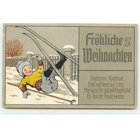 n°20437 - Carte Gaufrée - Style Caspari - Fröhliche Weihnachten - Garçon avec des skis tombant