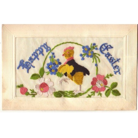 n°20501 - Carte Brodée - Happy Easter - Poussin avec des fleurs