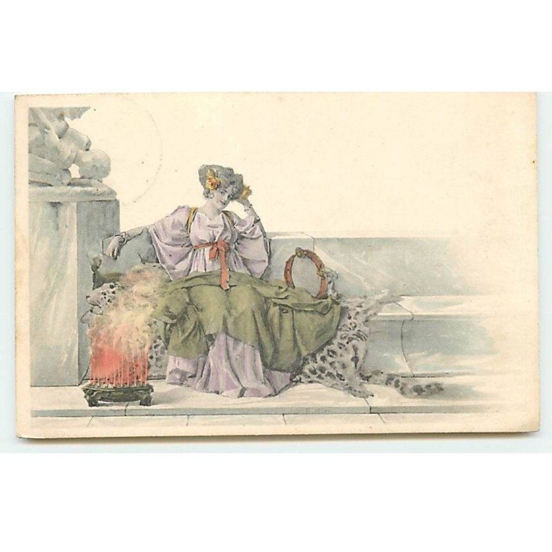 n°20507 - Illustrateur - Femme assise sur un banc en pierre, avec un tambourin à côté d'elle